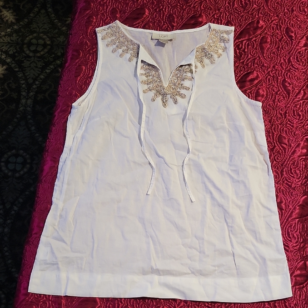 LOFT White Tie Front Embellished Tank Top